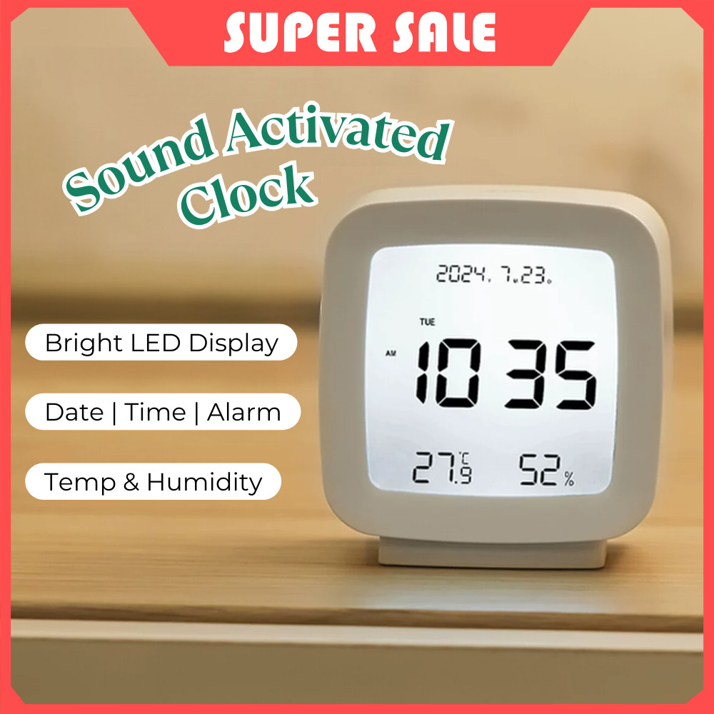 Sound Activated Digital Clock LED Display Alarm Clock Time Date Year ...
