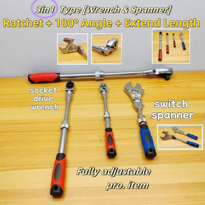 (3in1 Fully Adjustable 180°) Switch spanner & Ratchet Wrench Set Rod ...