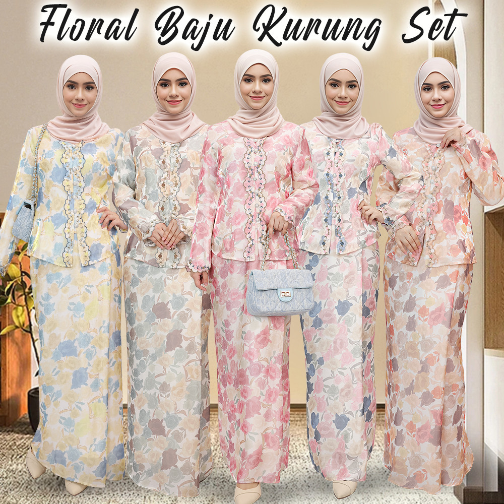 VirtueAttire Baju Raya 2026 Baju Kurung Moden Kebaya Floral Satin Sulam ...