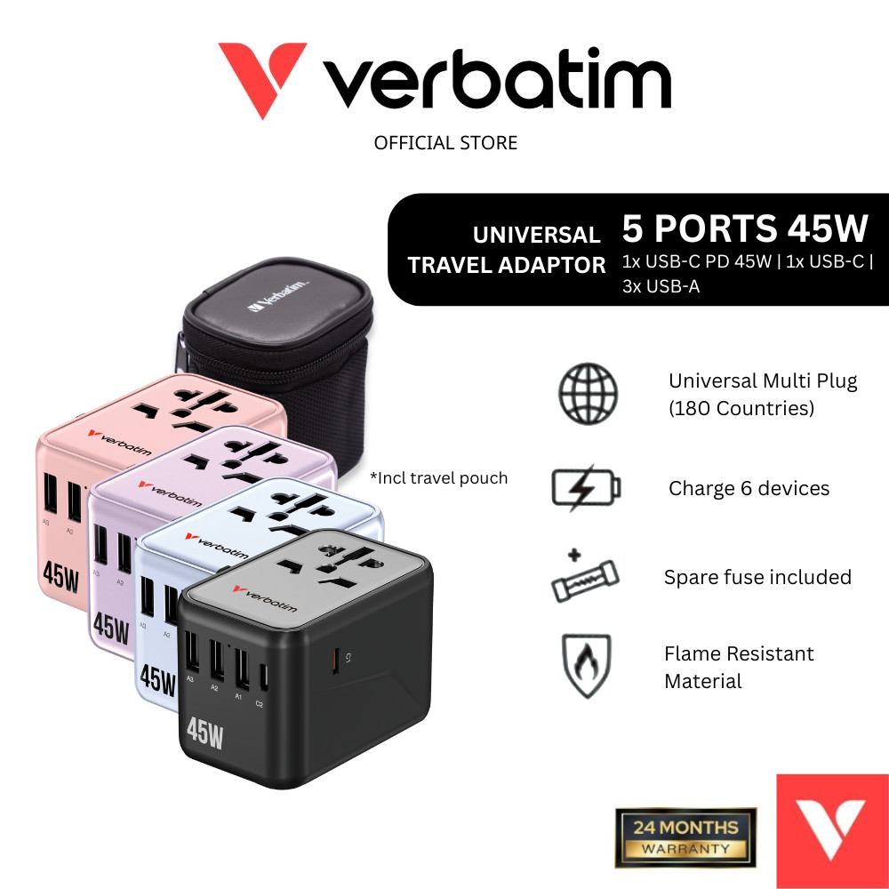 Verbatim 30173 30174 30175 5-Ports UTA-08 Universal Travel Adapter 45W ...