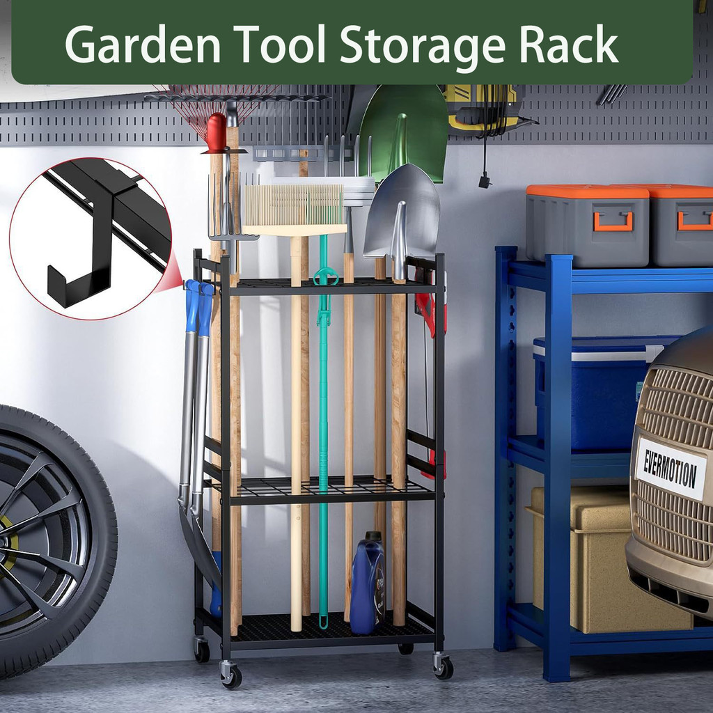 Outdoor Metal Gardening Tool Rack with Universal Caster Garden Cleaning ...