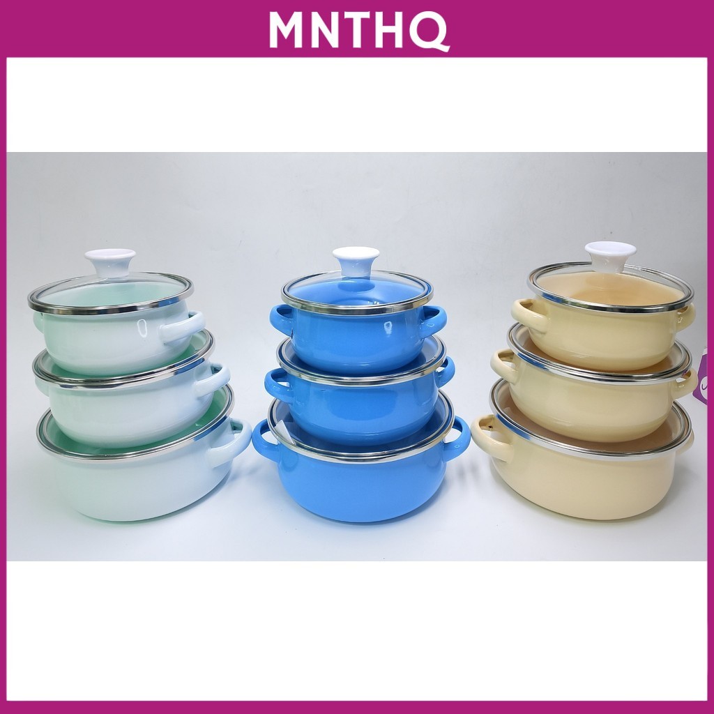 3PCS 12/14/16CM ENAMEL MINI COOKWARE SET WITH GLASS LID | Shopee Malaysia