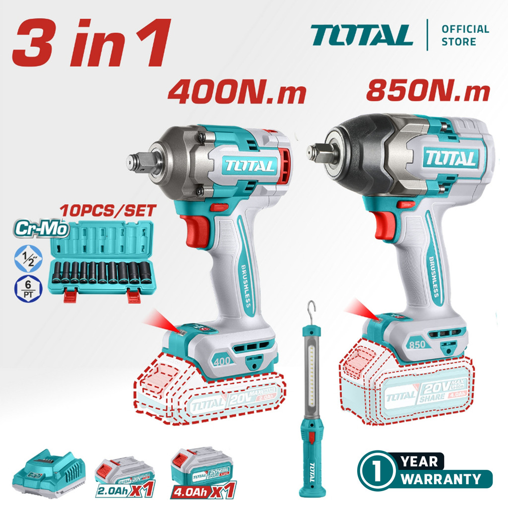 TOTAL Tools 3 Pcs Combo Kit (20V / Brushless / Impact Wrench + Impact ...