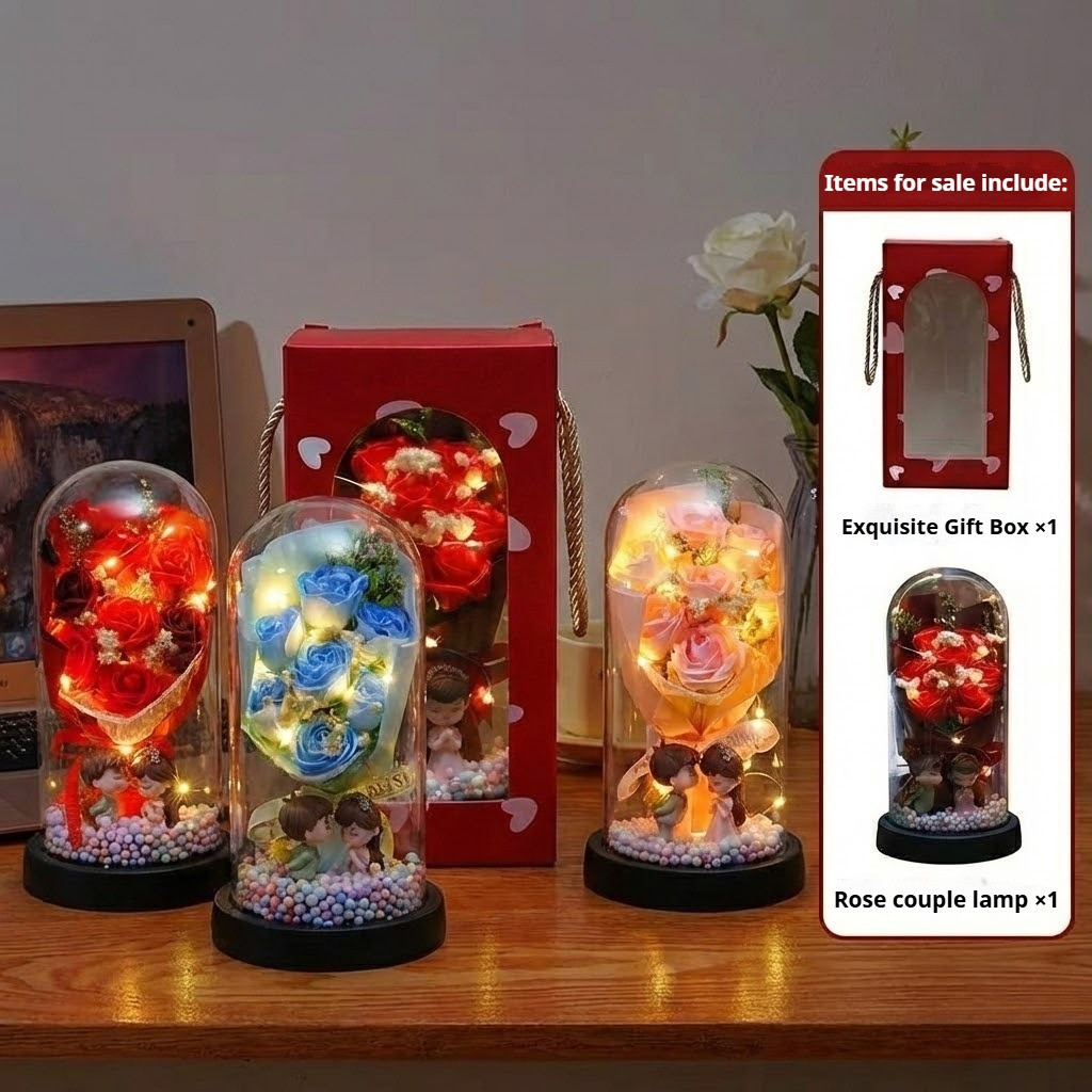 Glowing Bunga Rose Bouquet Romantic Couple In Glass Dome with Gift Box ...