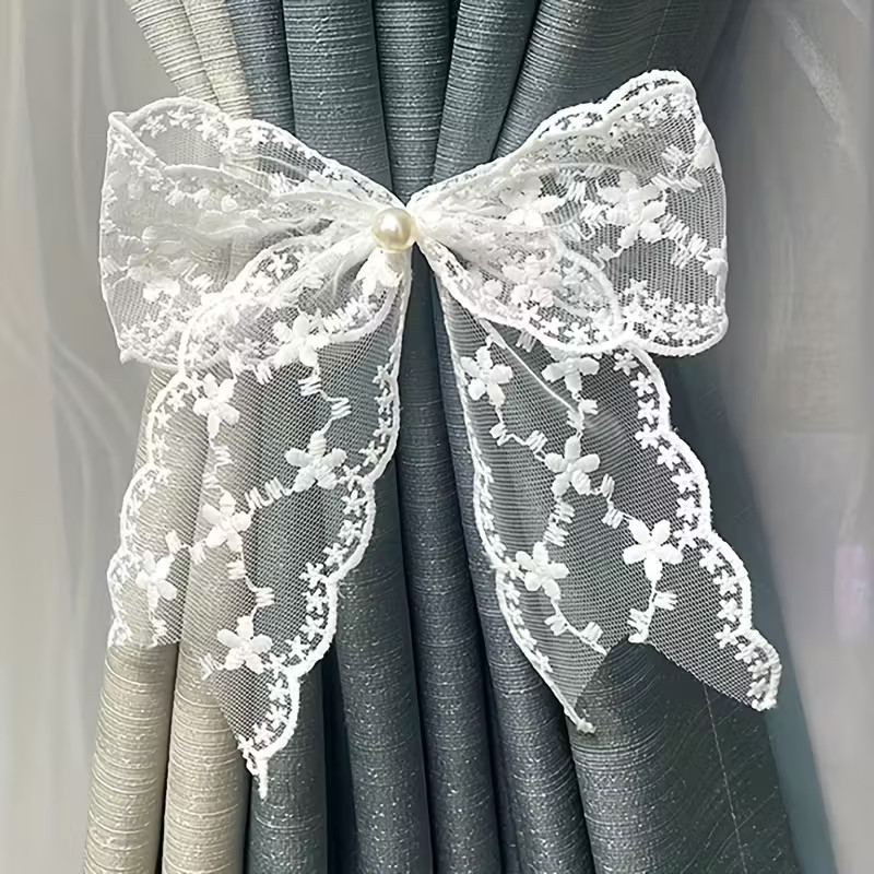 Romantic Pearl Bowknot Curtain Tiebacks White Lace Window Curtain Strap ...