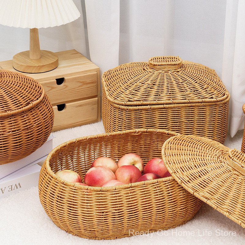 Fruit Basket Round Snack Basket Rattan Storage Basket with Lid ...