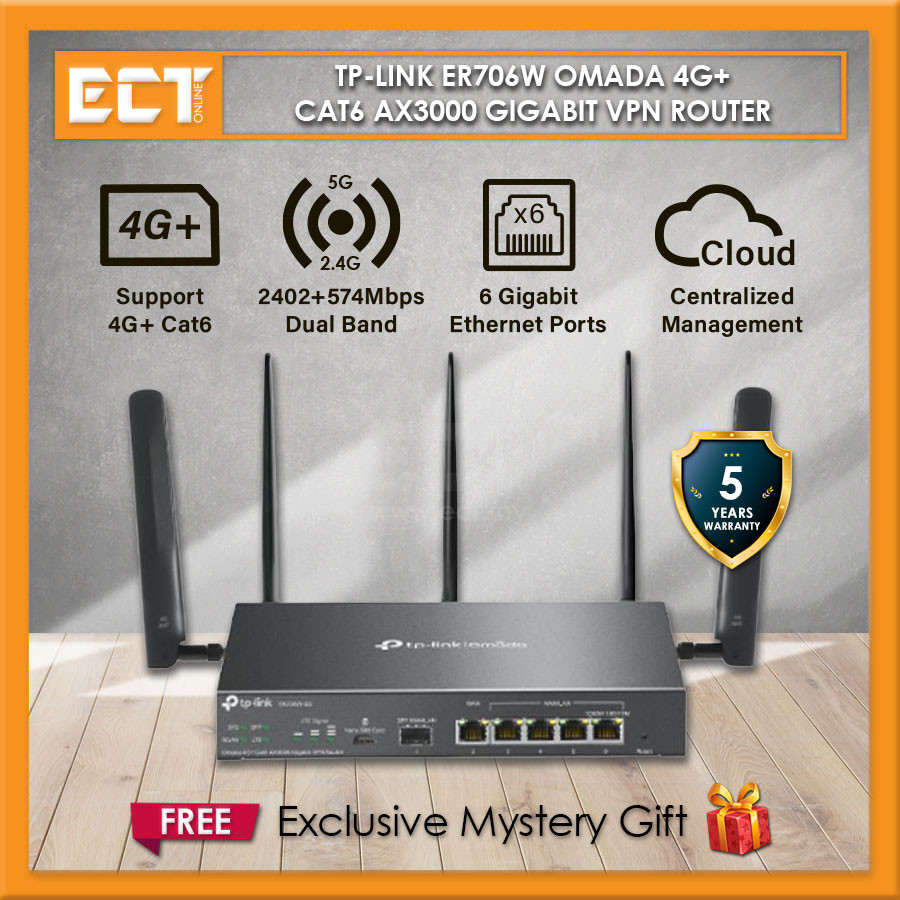TP-Link ER706W Omada 4G+ Cat6 AX3000 Gigabit VPN Router with 6 Gigabit ...