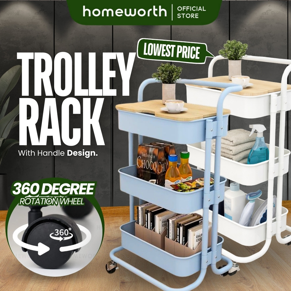 HOMEWORTH【STEEL】3 Tier Steel Storage Trolley Rack with Wheels Rolling ...