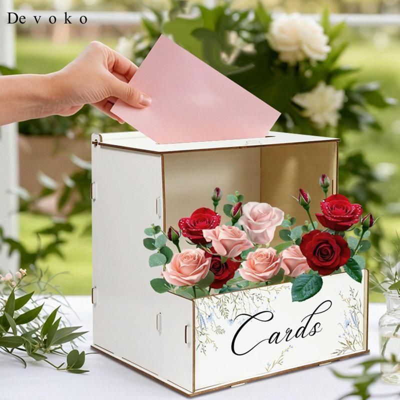 Devoko Wood Wedding Card Box Card Holder Gift Cards Box with Flower ...