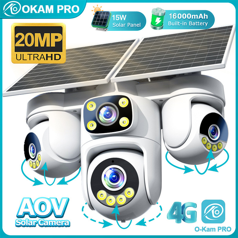 OKAM PRO AOV Solar Camera HD 20MP 4 Lens 4 Screen 4G SIM Camera 3 PTZ ...