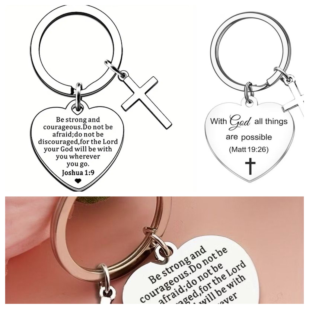Heart-shaped cross keychain with Bible inscription, Bible Verse ...