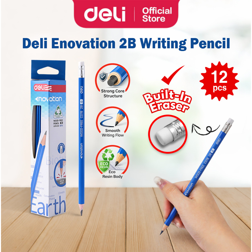 Deli Enovation 12pcs 2B Writing Pencil Wood-Free Pensil 2b Eraser Exam ...