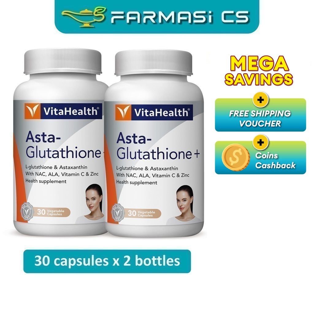 VitaHealth Asta-Glutathione + Plus 30 Capsules x 2 Bottles (TWIN)  EXP:10/2026 [ Vitamin C astaxanthin L Farmasi CS ]