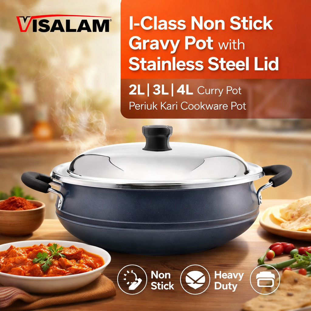 VISALAM Non Stick I-Class Curry Pot with Stainless Steel Lid 2L 3L 4L ...