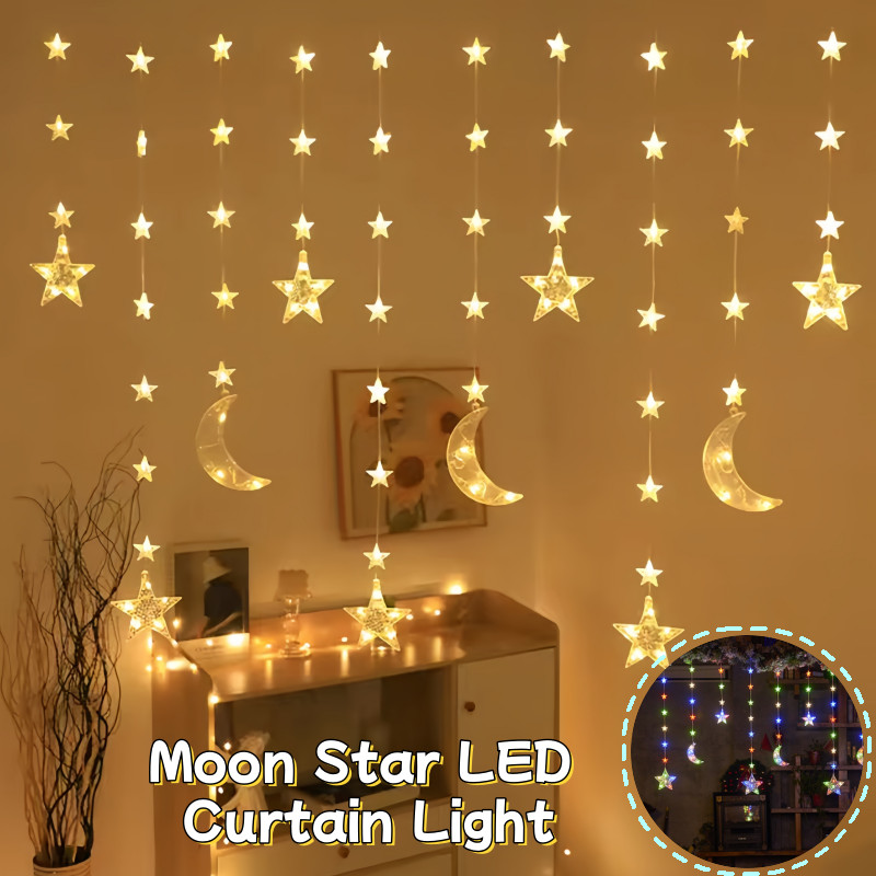 Eid Mubarak Moon Star Curtain Light Muslim LED String Lights Ramadan ...