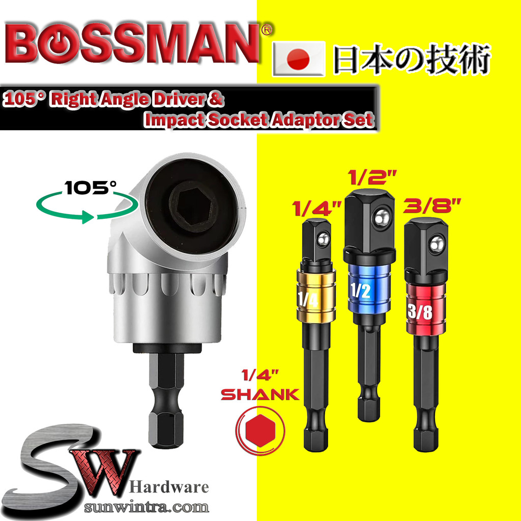 BOSSMAN 3PCS 105° Right Angle Driver & Impact Socket Adaptor Set 1/4 ...