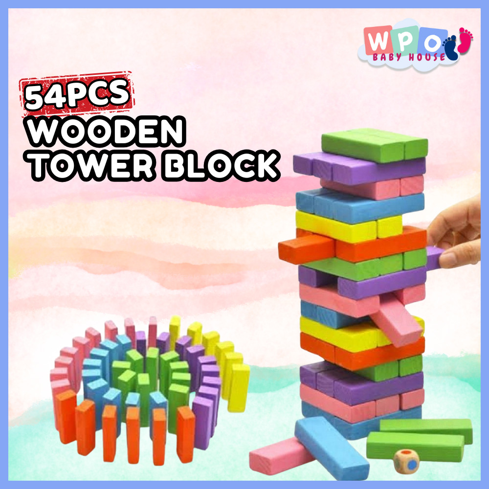 54Pcs Wooden Tower Building Blocks Toy Rainbow Domino Stacker Board ...