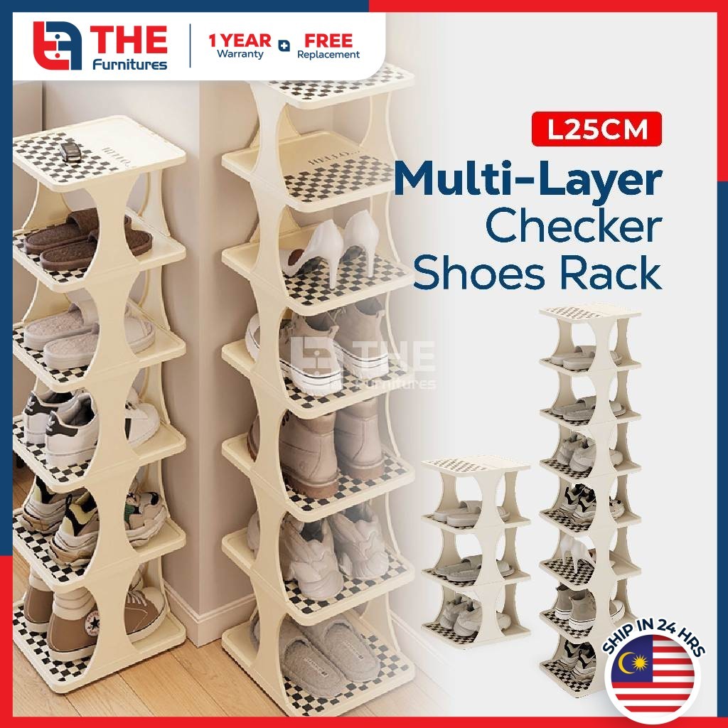 THE L25cm (4/6/8 Layers) Simple Checker Design Narrow Shoes Rack ...