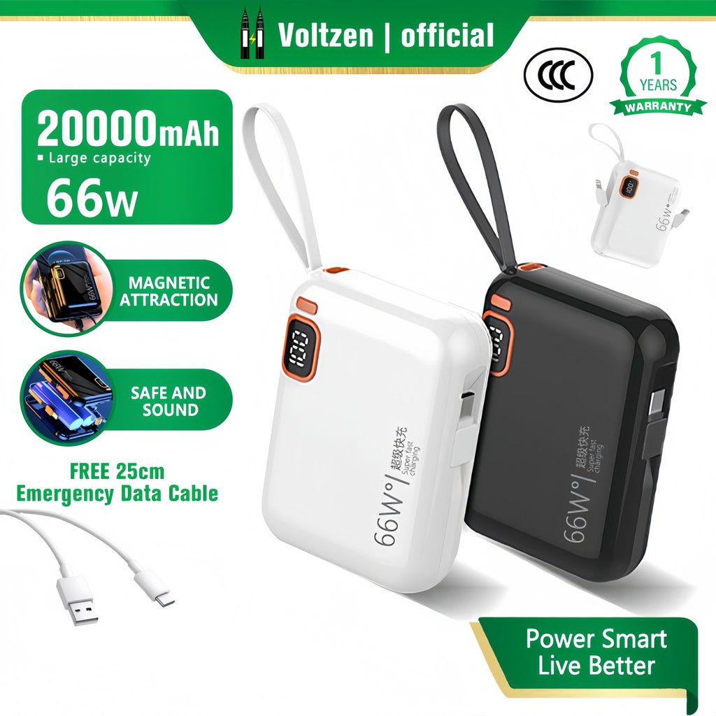 CCC Certification Powerbank 20000mAh 66W Fast charging Built-in Type-C/Lightning charging cable Supports iPhone 17/16/15/14/13, Huawei, Xiaomi, Vivo, Oppo,Mini portable power bank