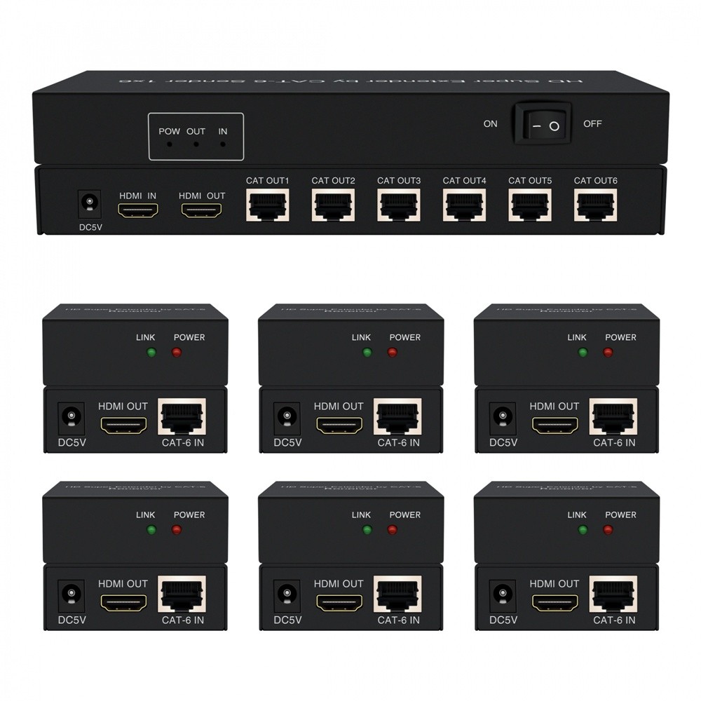 HDMI Extender Splitter 1 input 6 Output Over CAT6 Ethernet LAN Cable ...