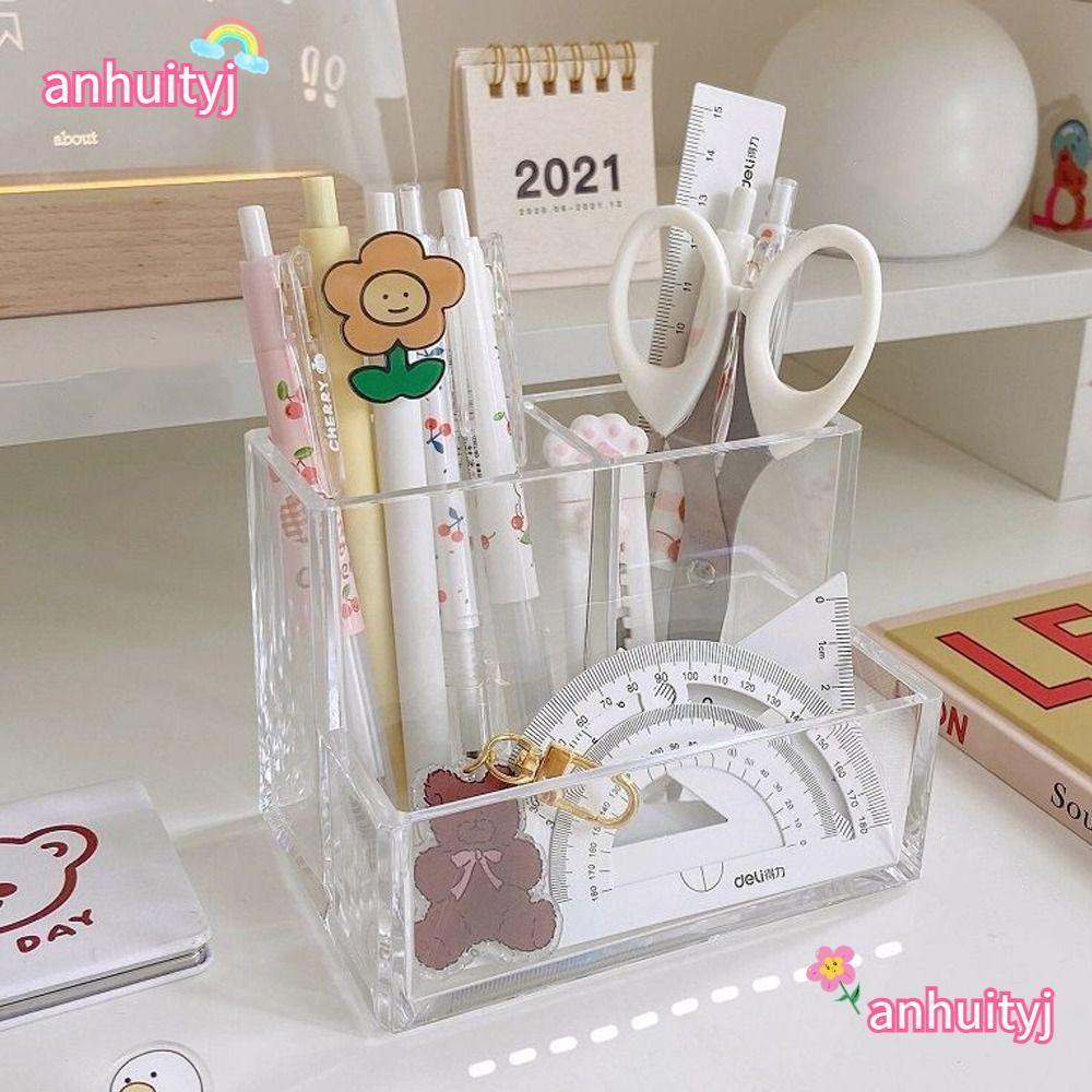 LANJ Acrylic Pen Holder, Stationery Three Grid Storage Rack, Square ...