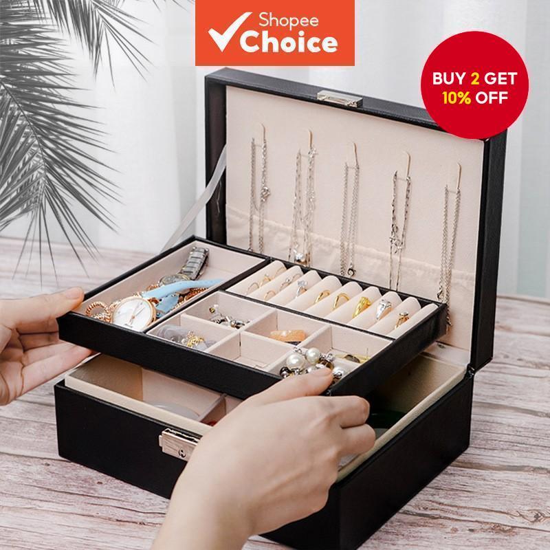 Double Layer Jewelry Storage Box - Lockable Leather Organizer for Rings ...