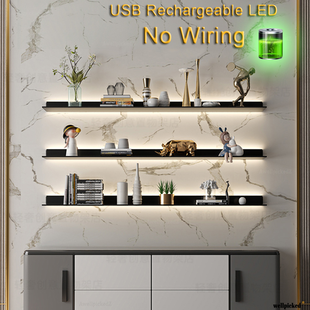 80CM No Wiring Heavy-Duty Metal Floating Wall Mounted Shelf USB ...
