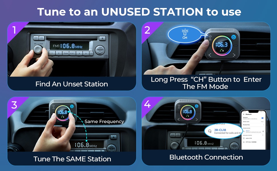 Bluetooth 5.3 FM/AUX Bluetooth Car Adapter, JOYROOM【Air Vent Installation &  Bass Boost】 3 Ports PD&QC 3.0 FM Transmitter for Car, Radio Bluetooth