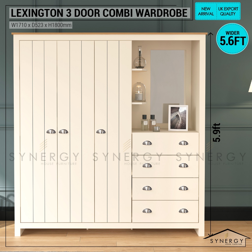 Lexington Collection Wardrobe 3 Door Wardrobe with Drawer Storage Combi ...