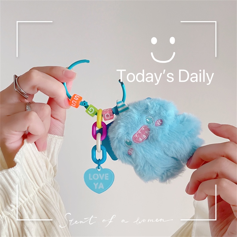 Korea Cute Cartoon Fuzzy Plush Monster Phone Key Chain Beaded Keychain ...