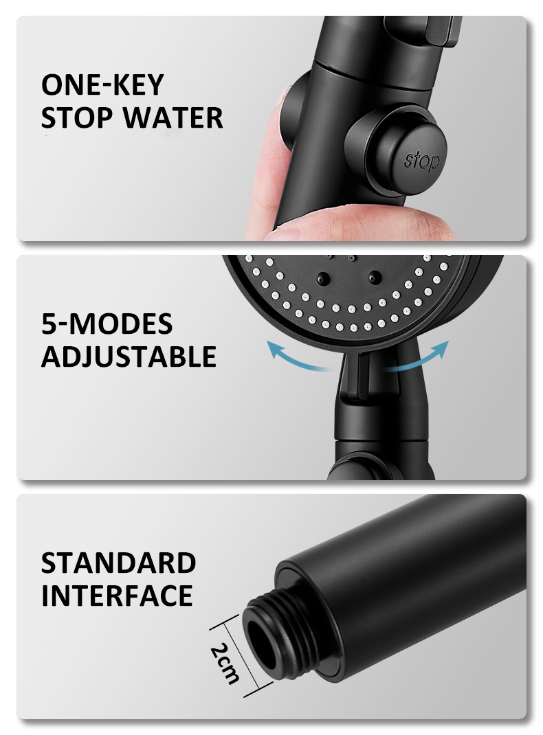 Shower Head Water Saving Black 5 Mode Adjustable High Pressure Shower ...