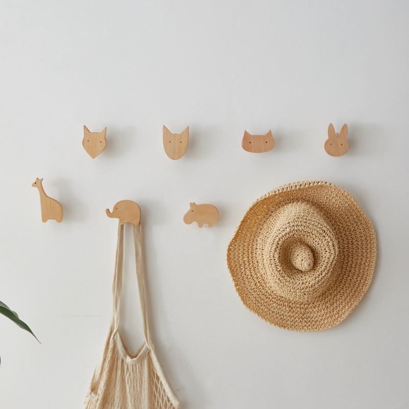 Nordic Style Cute Cartoon Animal Shaped Hook Punch-free Wooden Hooks ...
