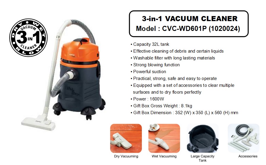 Cornell 3-In-1 Tank Vacuum Cleaner (Dry / Wet / Blow)| CVC-WD601P CVC ...