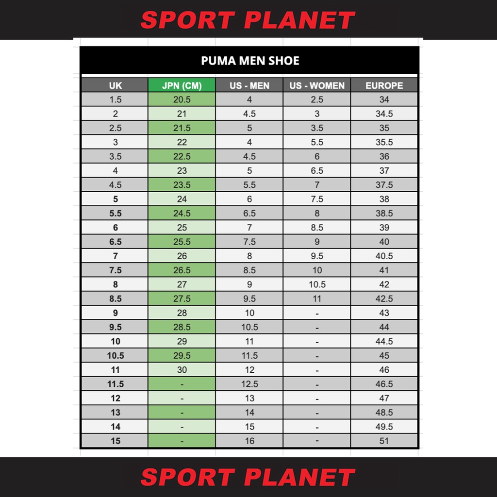 Puma shoe store size chart inches