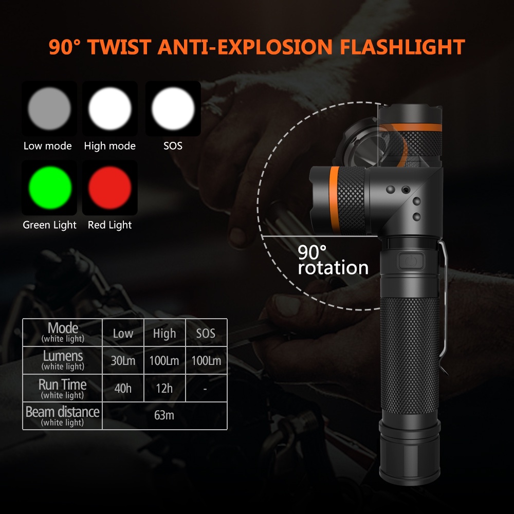 NICRON Portable 90 Degree Rotable Explosion Proof Flashlight IP64 - Red ...