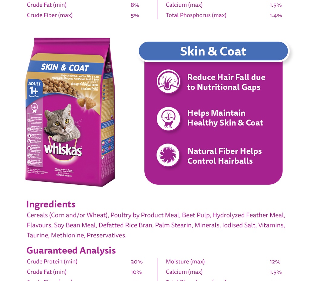 WHISKAS Skin & Coat Cat Food for Adult Cats, 1.1kg. Cat Food Dry for