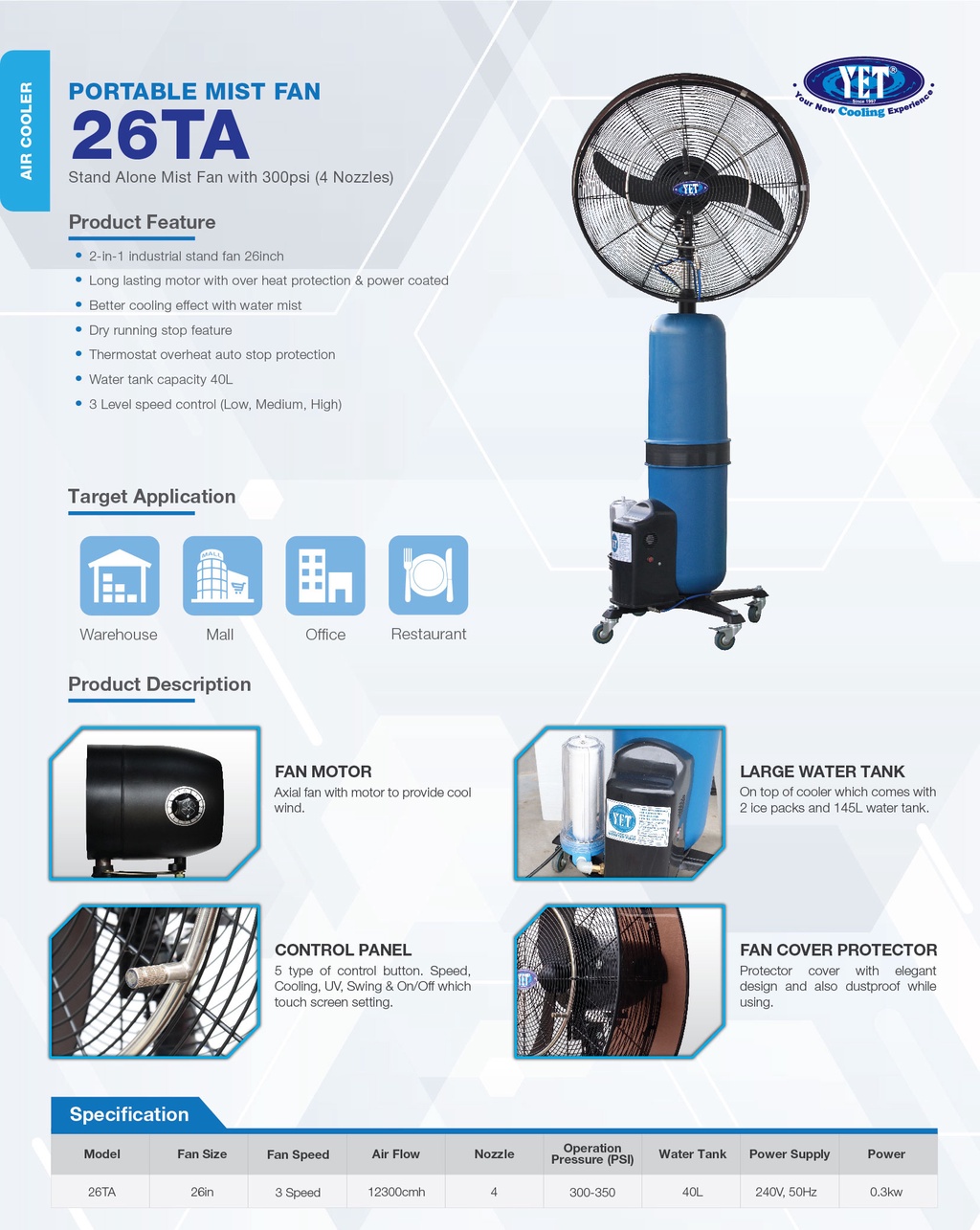 YET 26TA 26 Inch Mobile Mist Fan 40L Tank 3 Nozzle Stainless Steel Fan ...