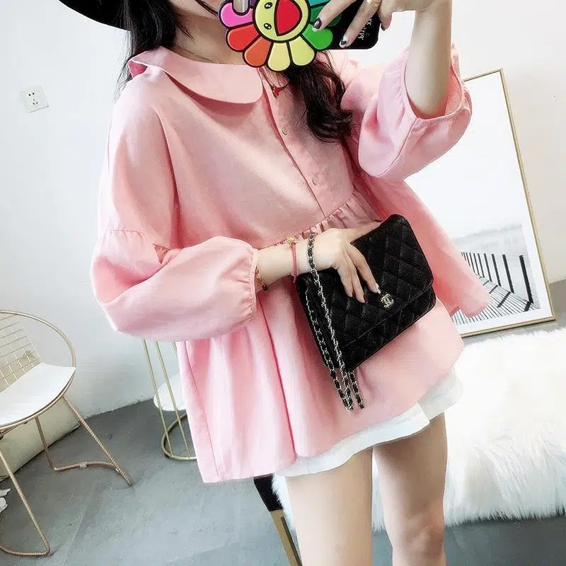 Green Women's Tops Women's Long-sleeved Fold-over Collar Korean Loose ...