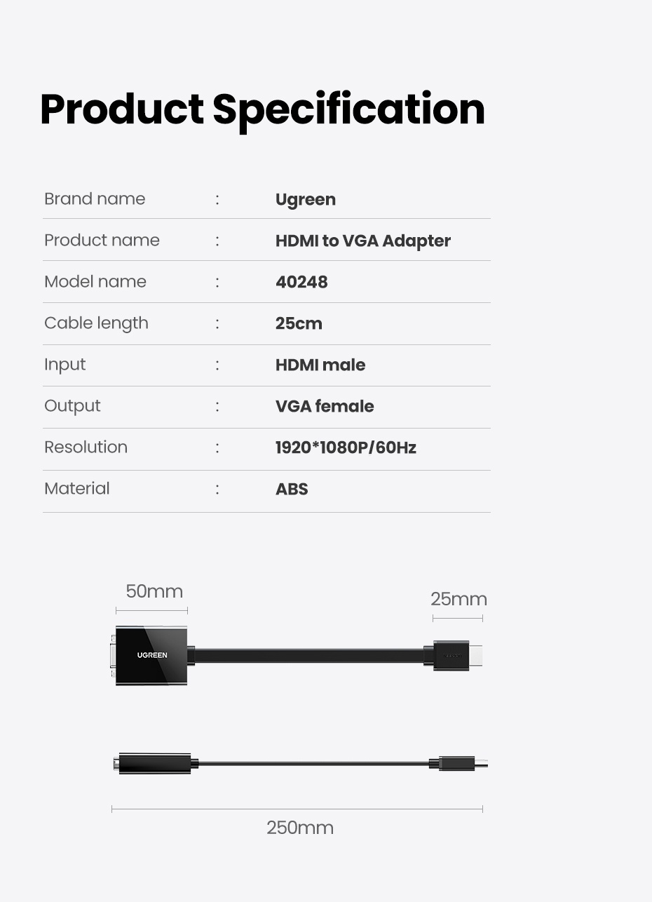 UGREEN HDMI to VGA Adapter Cable Converter with Audio Jack and Mirco USB Apple TV PC Laptop (3