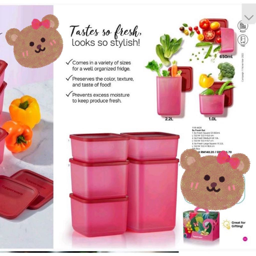 PURPLE: Tupperware So fresh Set Large Square Round (650ml/ 1L/ 1.8L/ 2 ...