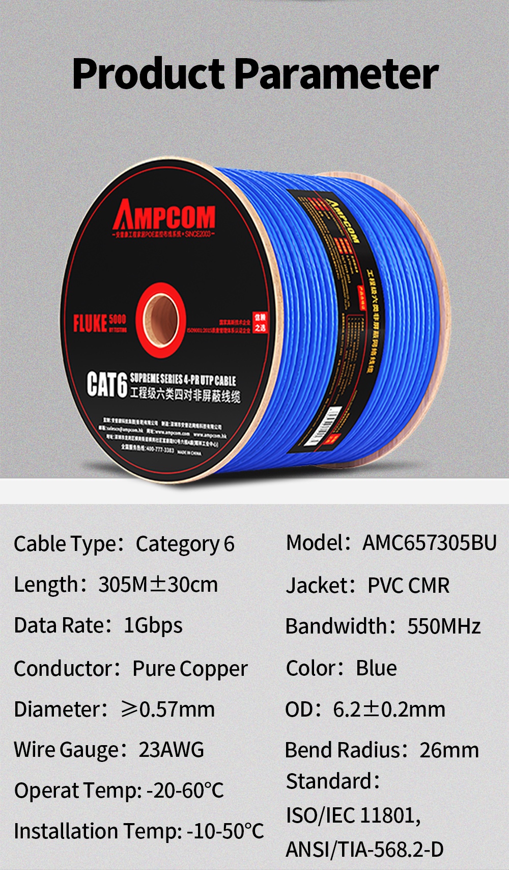 AMPCOM CAT6/CAT5E Ethernet Bulk Cable 23/24AWG OFC 550MHz UTP PVC CMR ...