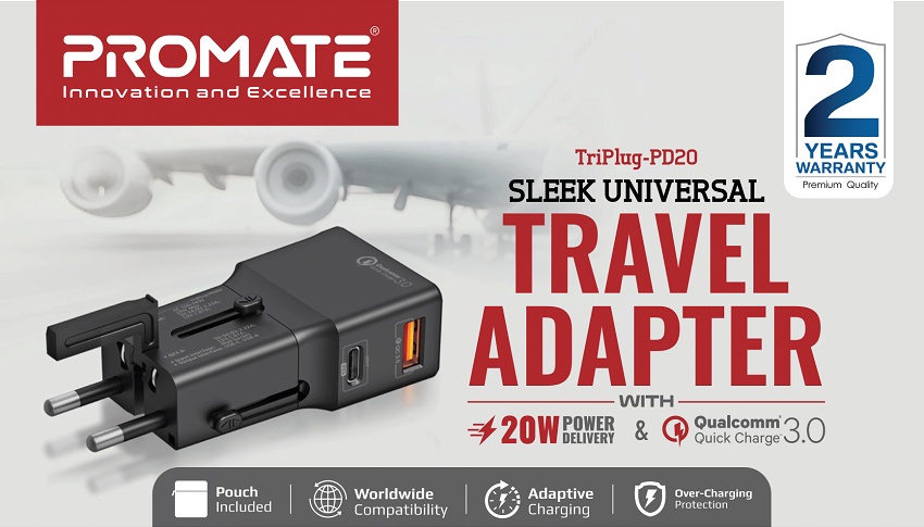 PROMATE TriPlug-PD20 Sleek Universal Travel Adapter with 20W Power ...