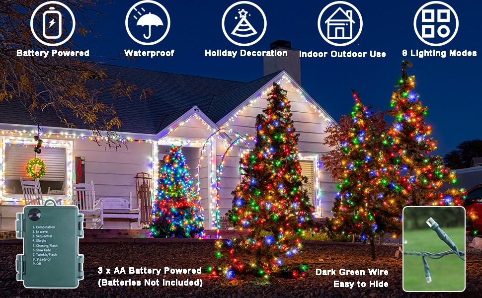 5M 50 LED Fairy Lights Green Wire Battery Powered Christmas String ...