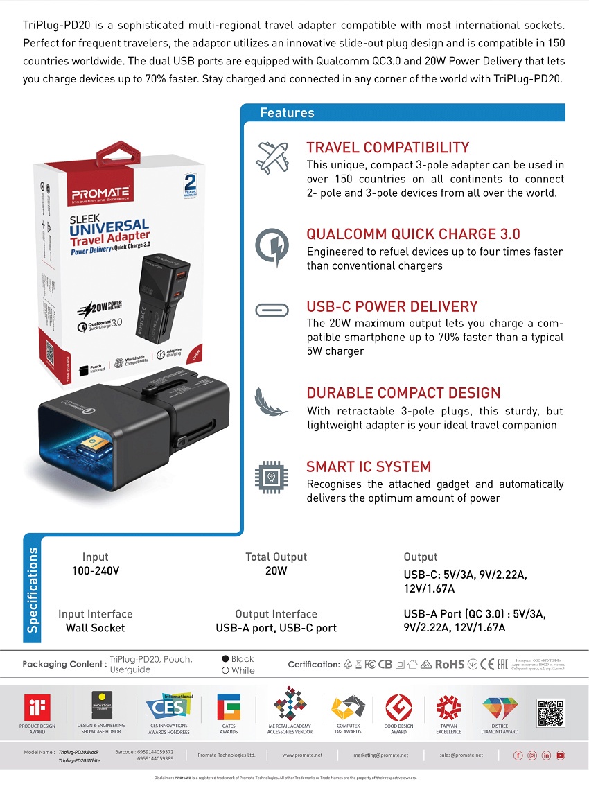 PROMATE TriPlug-PD20 Sleek Universal Travel Adapter with 20W Power ...