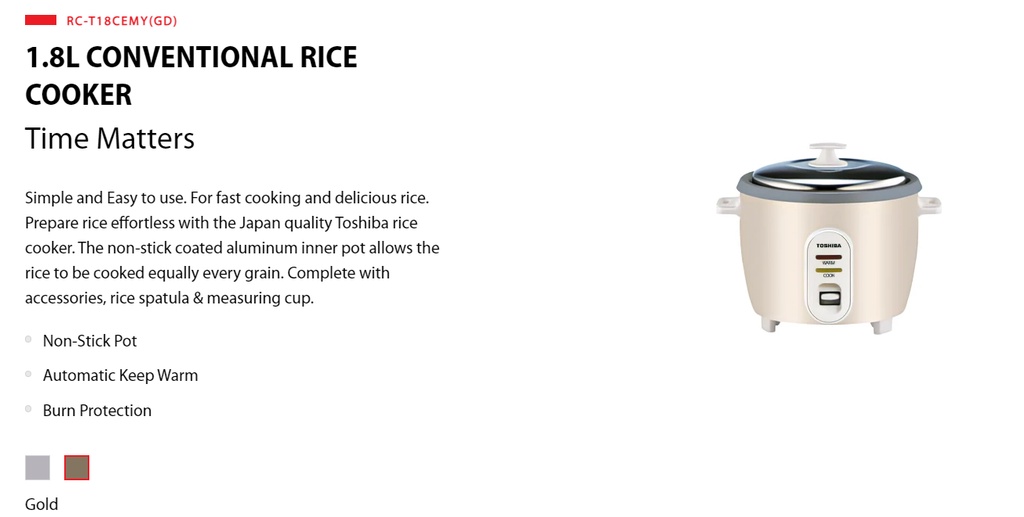 Toshiba 1.0L Non-Stick Rice Cooker RC-T10CEMY