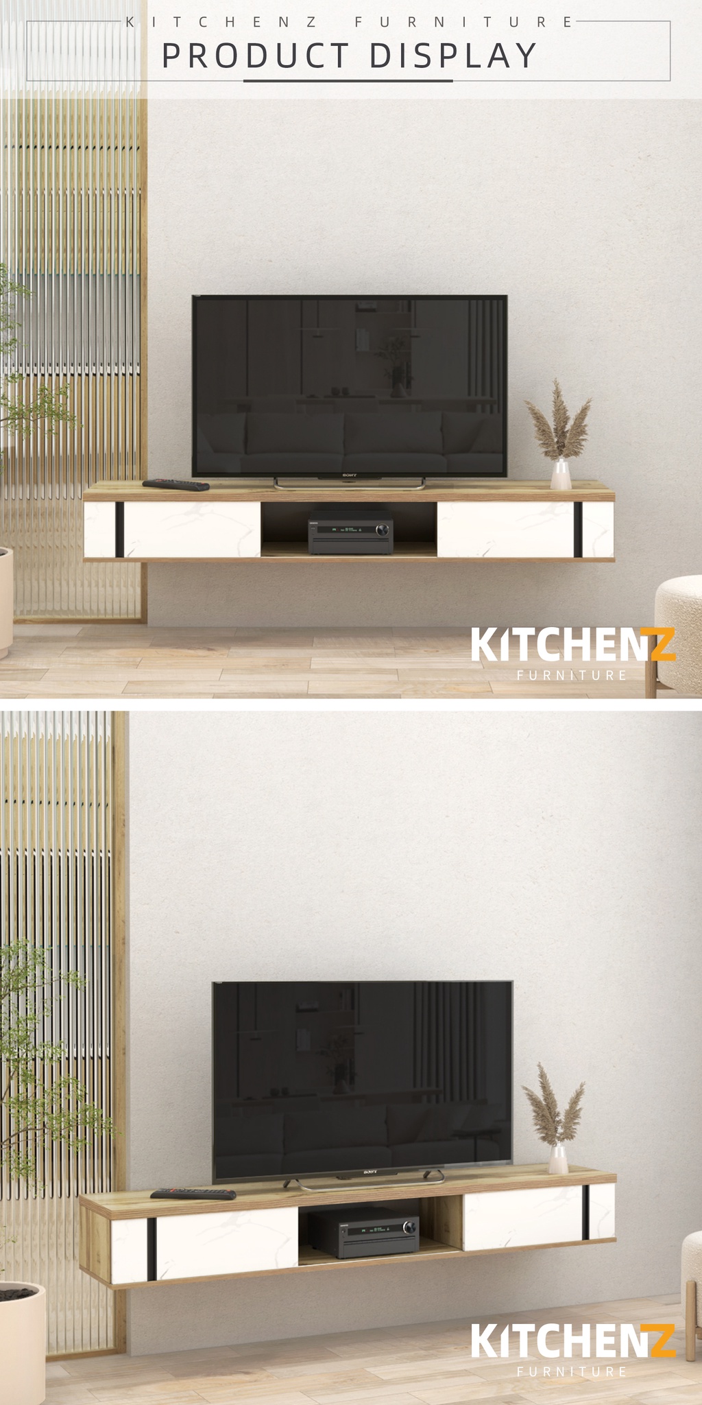 KitchenZ 6FT Wall TV (for 60" inch TV) with 2 Sliding Door