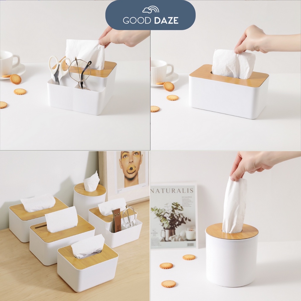 【GOOD DAZE】Bamboo Tissue Box Cover Tissue Holder Wooden Round Tissue ...