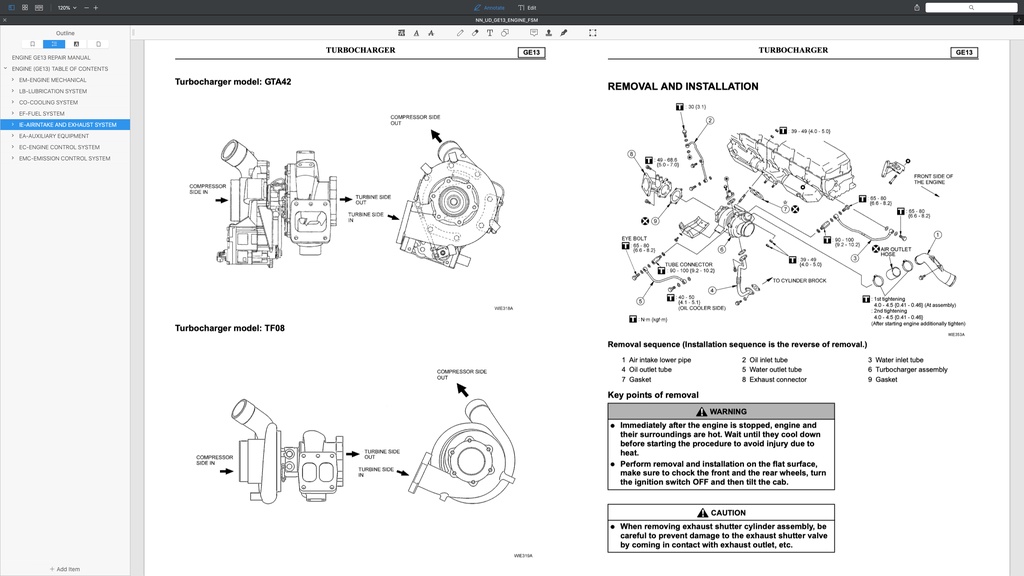 NISSAN UD DIESEL ENGINE GE13/ GE13TC/ GE13TB/ GE13TF/ GE13TD SERVICE