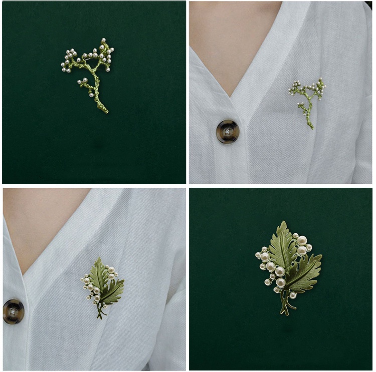 Elegant Vintage Style Enamel & Pearl Brooch Pin - Gold Tone, Plant Series Design For Women