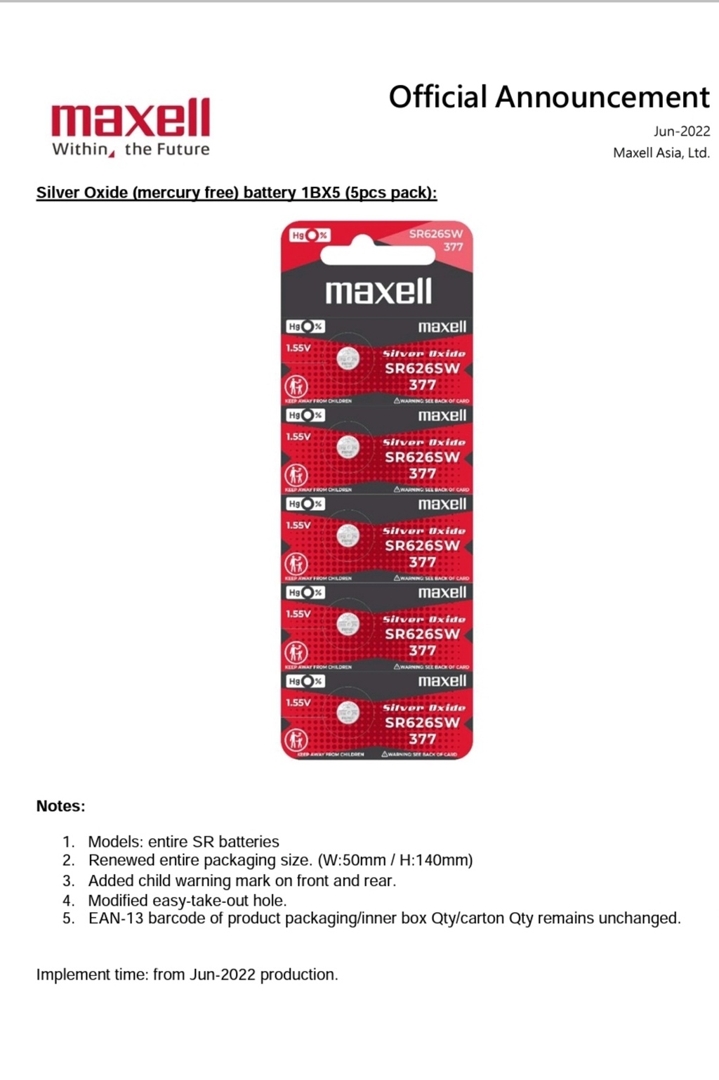 Maxell 377 SR626SW 1.55V Silver Oxide Micro Coin Battery, Qty 1